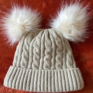 Cozy Knit Hat with Fluffy Pom Poms - Beige
